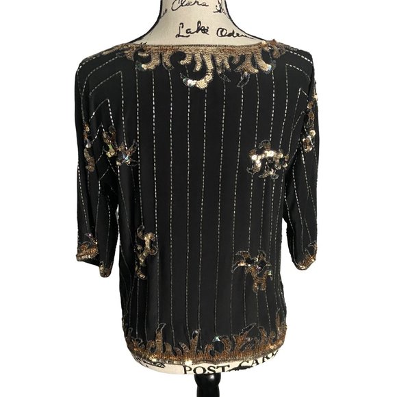 VTG Argenti Womens Black Party Top Size Medium Silk Beaded Sequined Vintage 80s - Picture 3 of 10